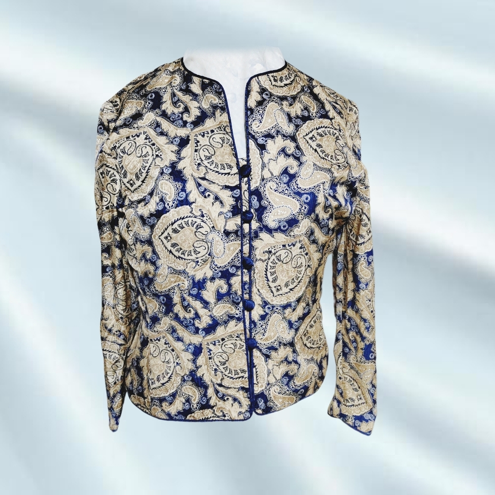 DONATED TO VETS Papell Petites ~ Beige/Blue Silk Long Sleeve Blouse
